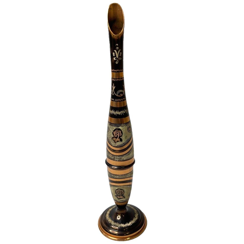 Vintage Black & Gold Brass Vase w/ Hand Engraved Flower Flowerpot Made in India